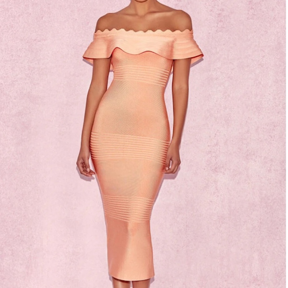 House of CB London Elegant Off-Shoulder Peach Bandage Fitted Dress